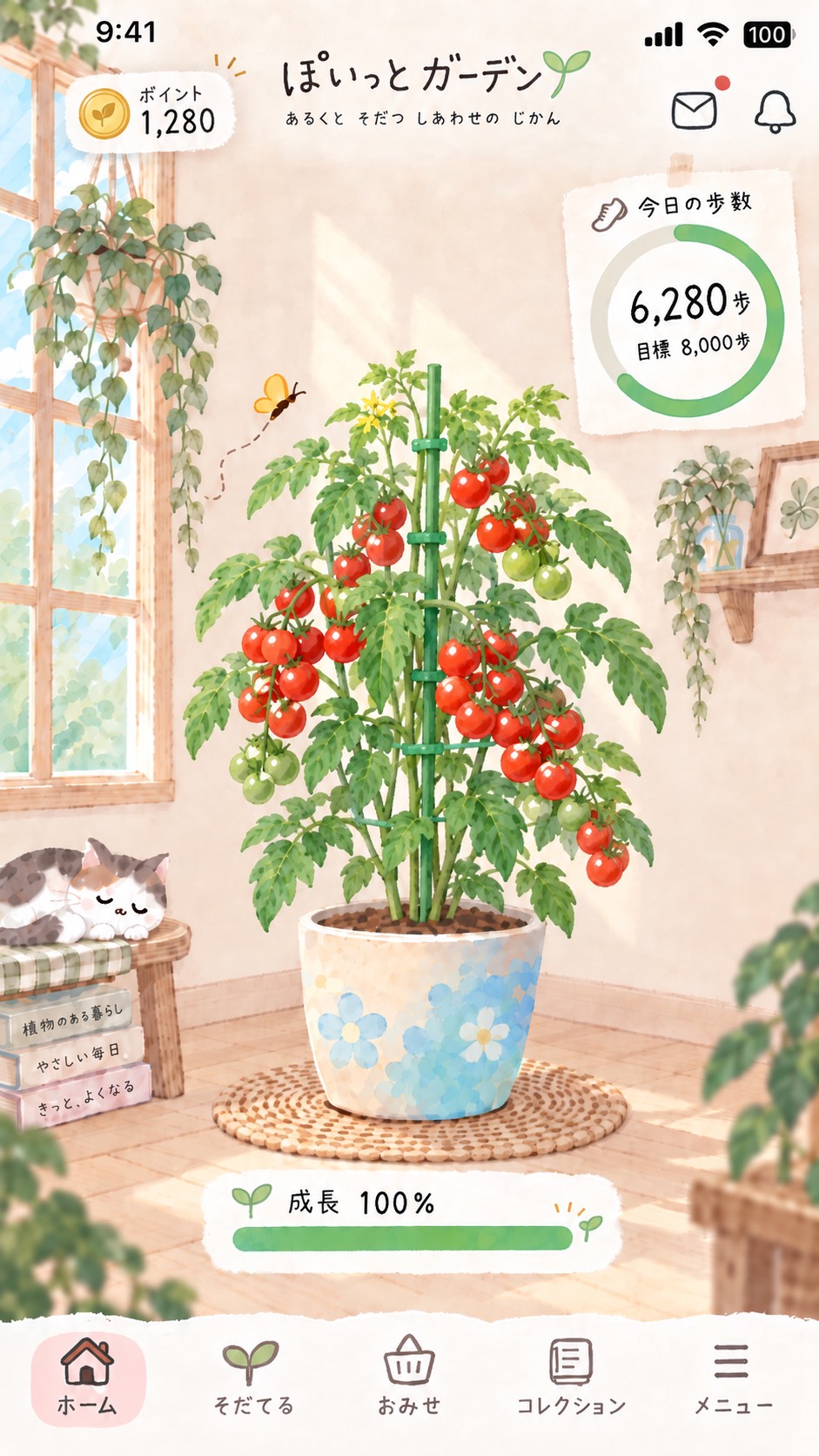 陽の差す部屋で、トマトがたっぷり実った鉢植えの画面イメージ